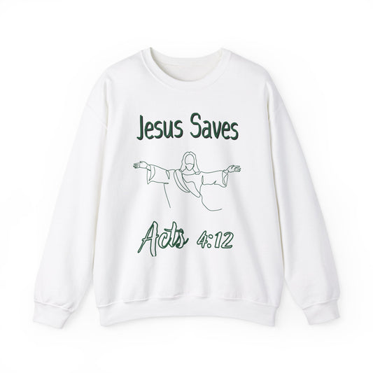 Jesus Saves -  Acts 4:12 Unisex Heavy Blend™ Crewneck White Sweatshirt