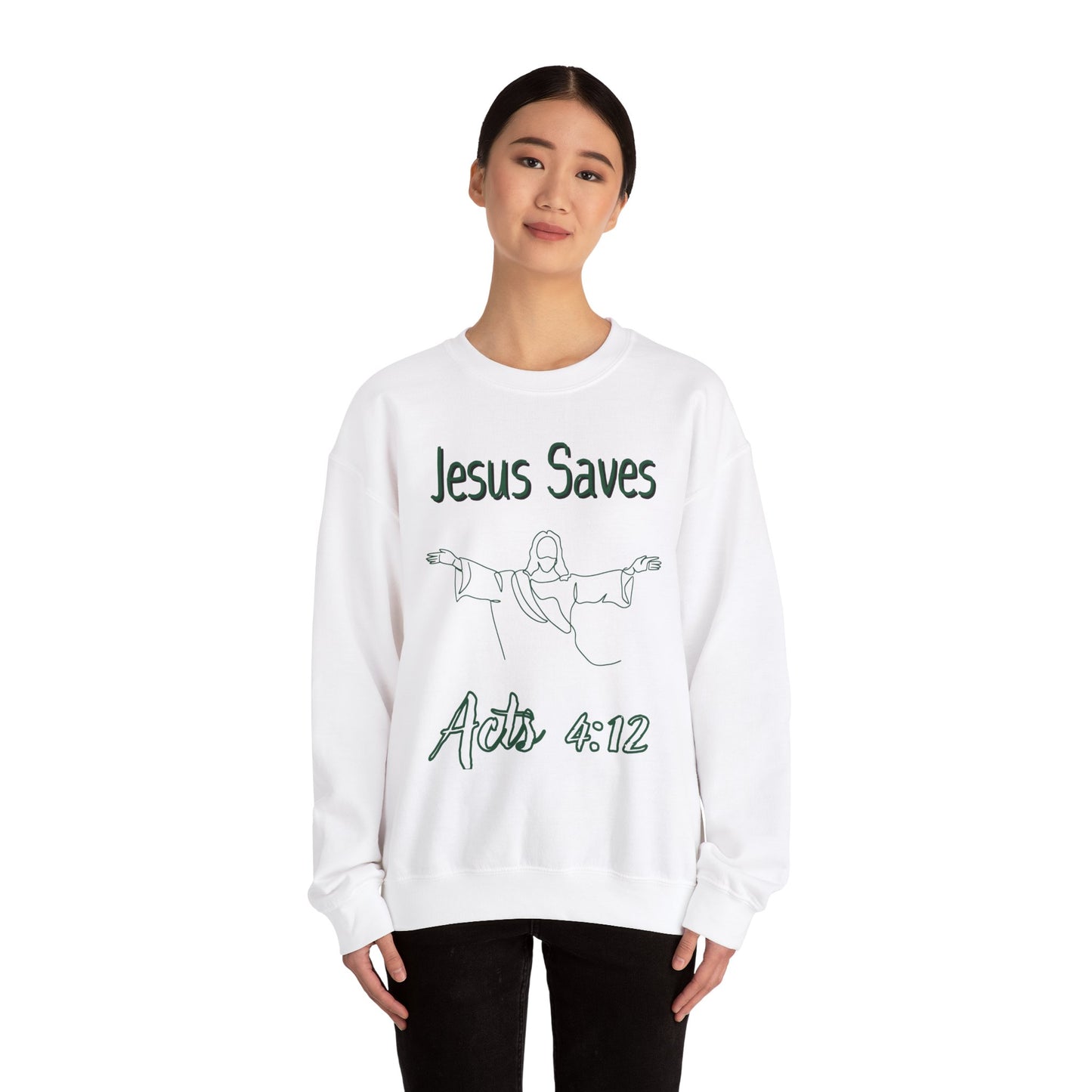 Jesus Saves -  Acts 4:12 Unisex Heavy Blend™ Crewneck White Sweatshirt